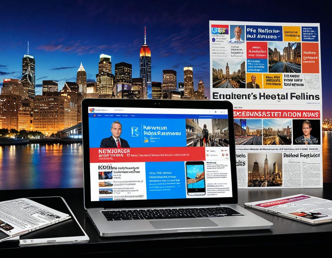 A dynamic collage depicting breaking news headlines, with a vibrant city skyline in the background reflecting urgency. Include an open laptop showing the K5 News Network website, along with live news feeds and local event posters. Overlay icons of a smartphone, microphone, and reporter's notebook to signify connectivity. The color scheme should be bold and engaging, emphasizing a modern and tech-savvy aesthetic. super-realistic. vibrant colors. abstract elements.