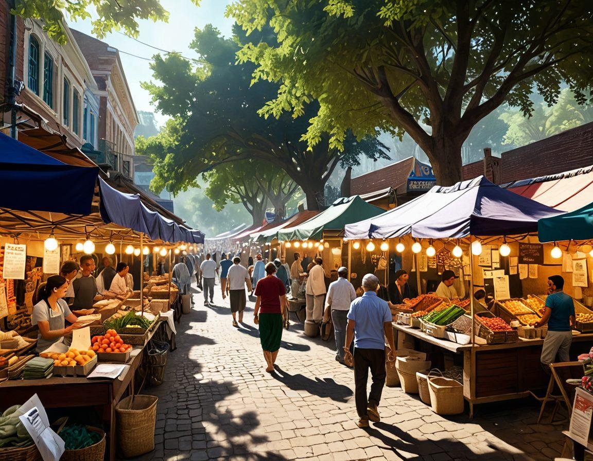 A bustling local marketplace filled with diverse people engaging in conversations, vibrant stalls showcasing regional delicacies and crafts, a newspaper in the foreground highlighting the latest local news. Sunlight filtering through trees creates a warm, inviting atmosphere showcasing community spirit. super-realistic. vibrant colors.