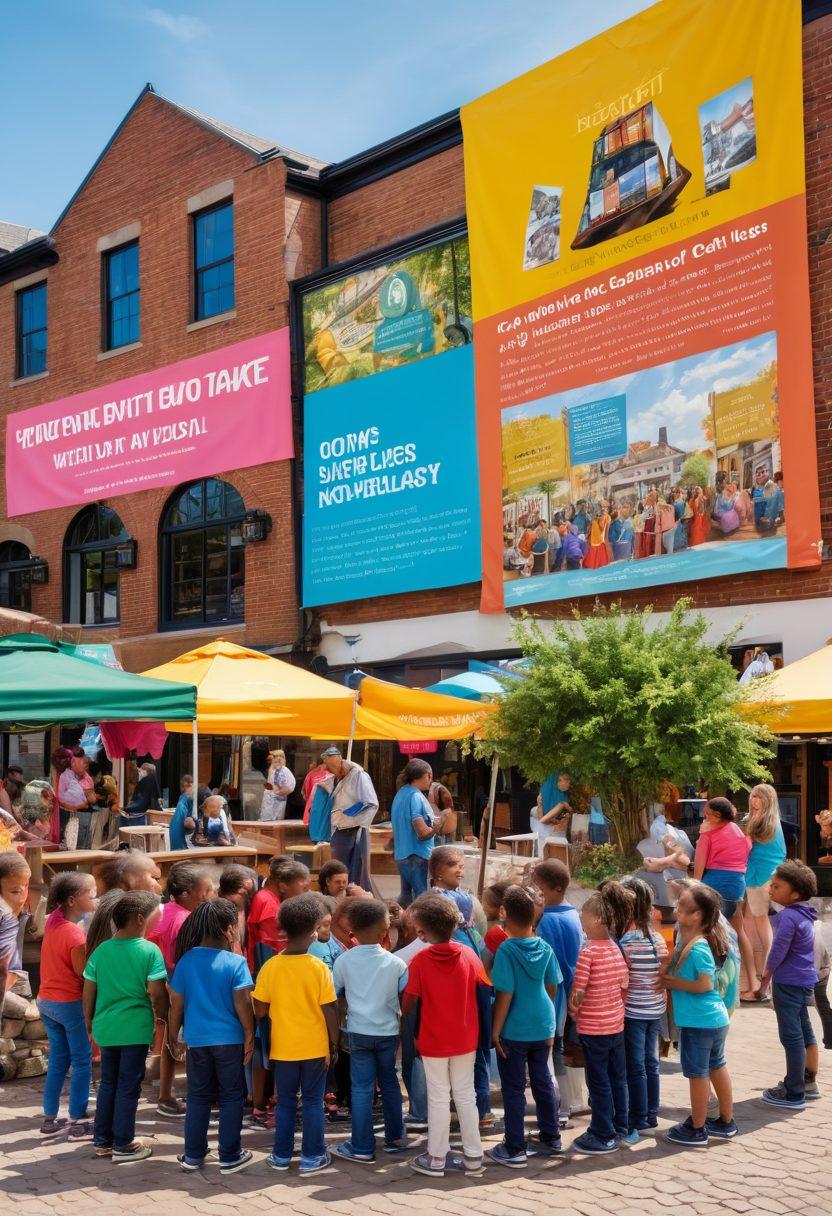 A vibrant collage showcasing the essence of community journalism, featuring a diverse group of children engaging in storytelling, interviews, and reporting at a lively local event. Include elements like a bustling town square, colorful banners promoting local tales, and expressions of curiosity and excitement. In the background, a digital display with snippets of current affairs highlights. super-realistic. vibrant colors.